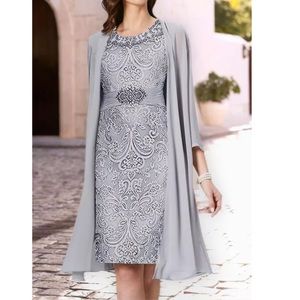 NEW Floryday Silver Gray 2 Piece Brocade Sheath Dress Slinky Stretch Duster XXL